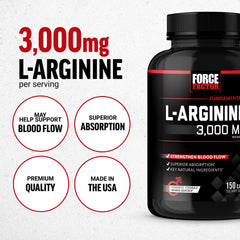 Force Factor L-Arginine capsules close-up emphasizes easy daily dosing.