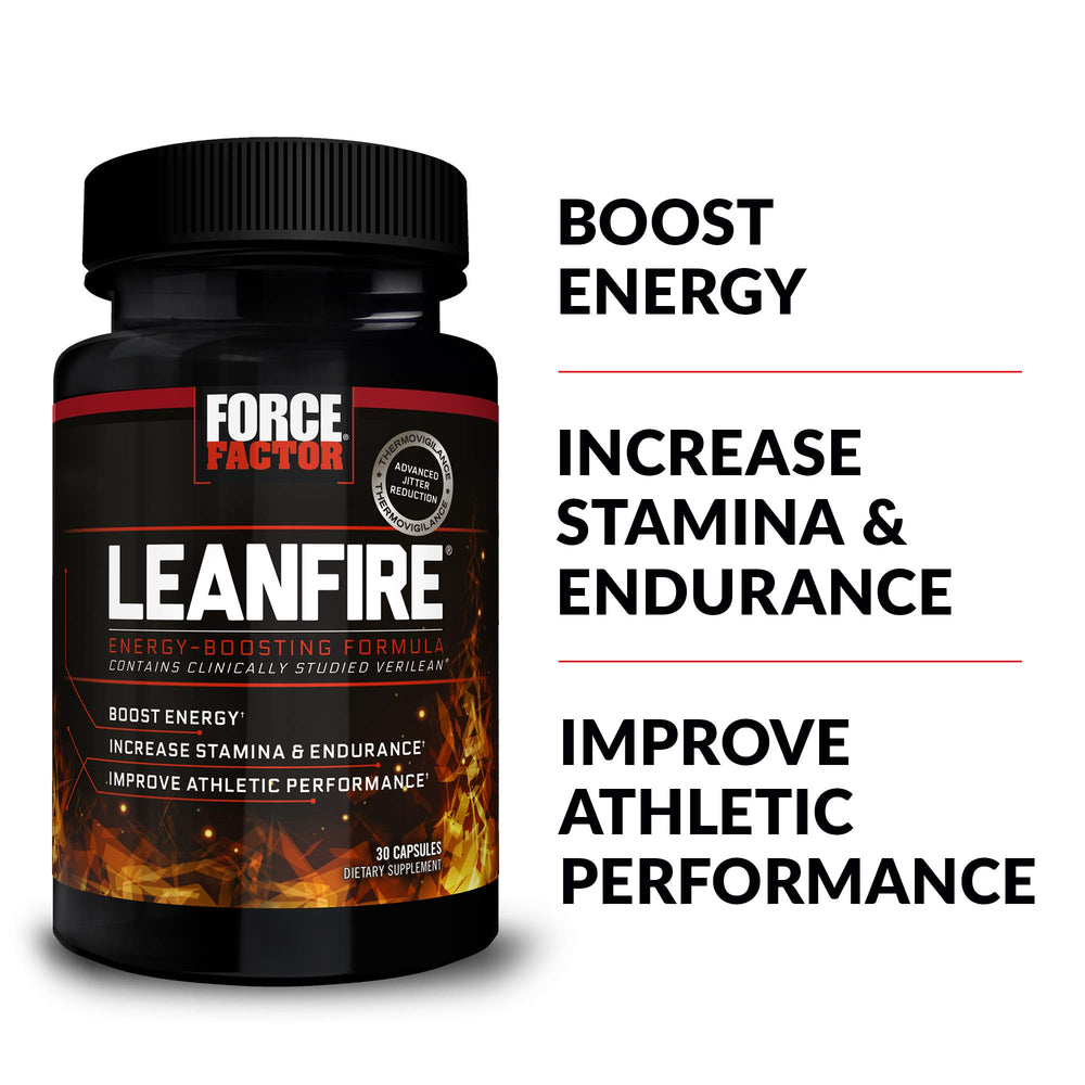 Force Factor LeanFire 3-pack boxes on a gym bench for sustained training energy.