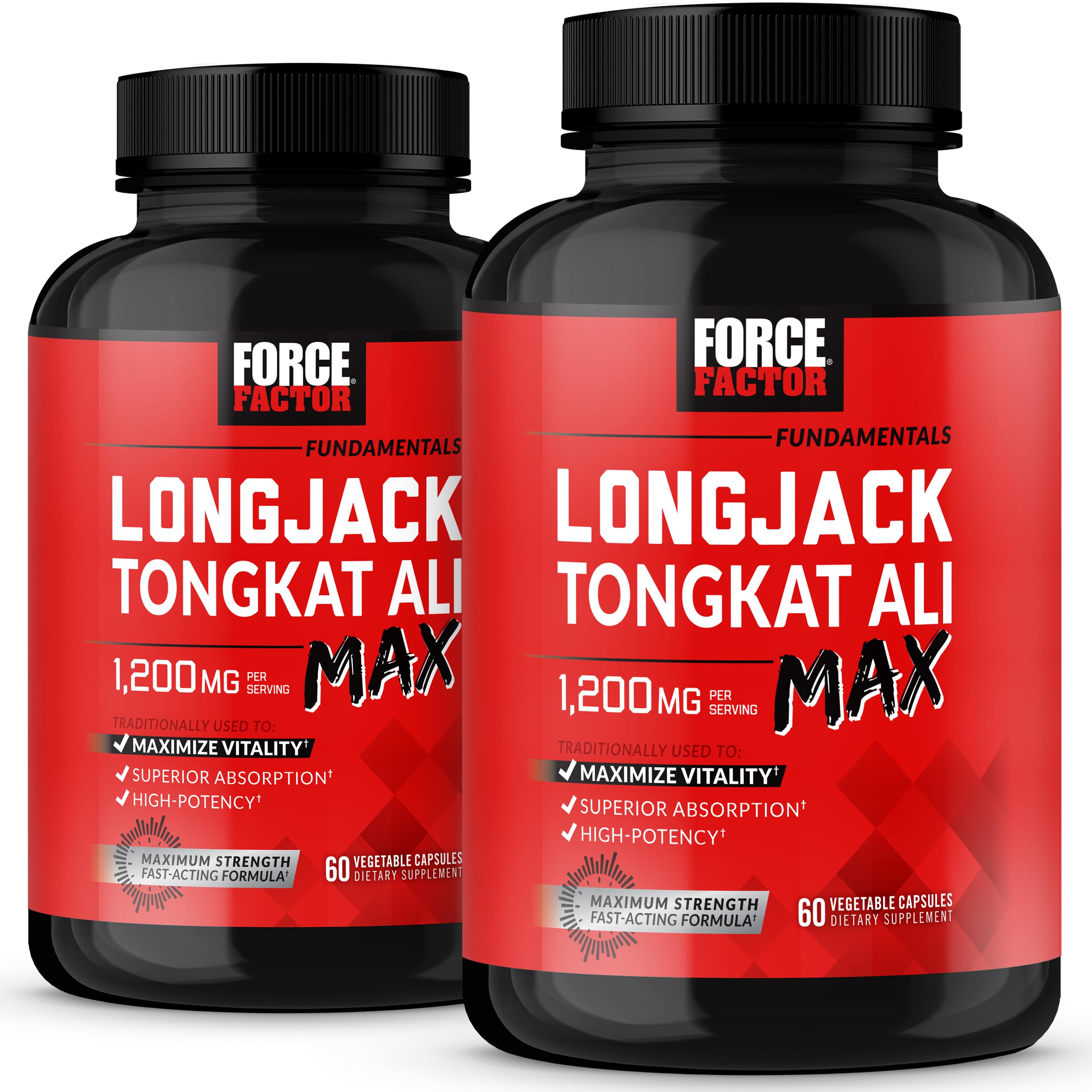 Force Factor Longjack Tongkat Ali Max bottle emphasizes potency and daily vitality support