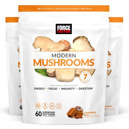 Force Factor Modern Mushrooms bottle showing Cinnamon Roll soft chews for daily energy support.