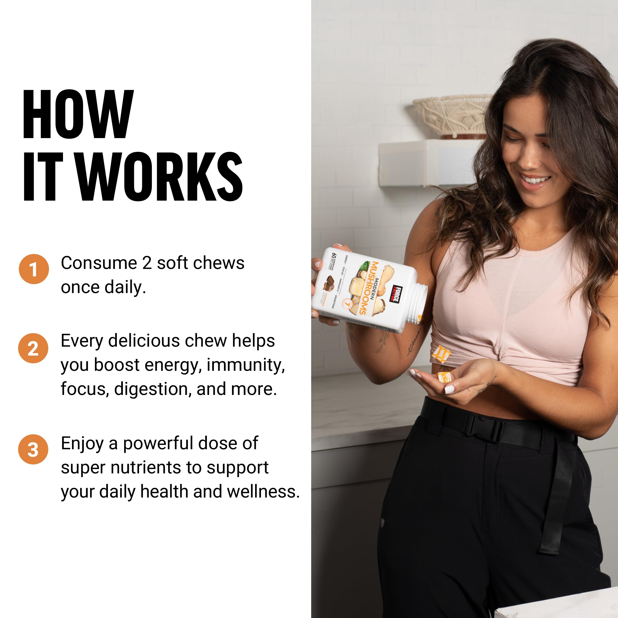 Force Factor Modern Mushrooms chew on a plate, showing gluten-free and dairy-free formulation.
