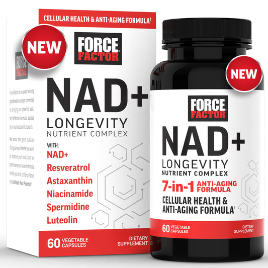 Force Factor NAD+ bottle displaying 60 capsules for daily vitality and cellular support.