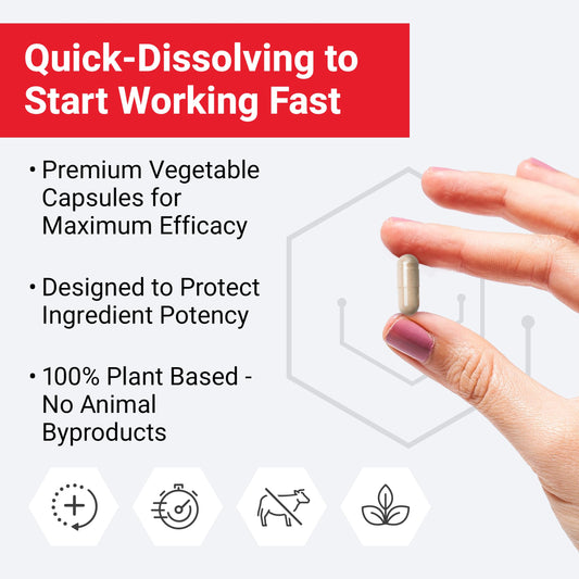 Force Factor NAD+ capsules close-up, illustrating quick-dissolve formula for fast absorption.
