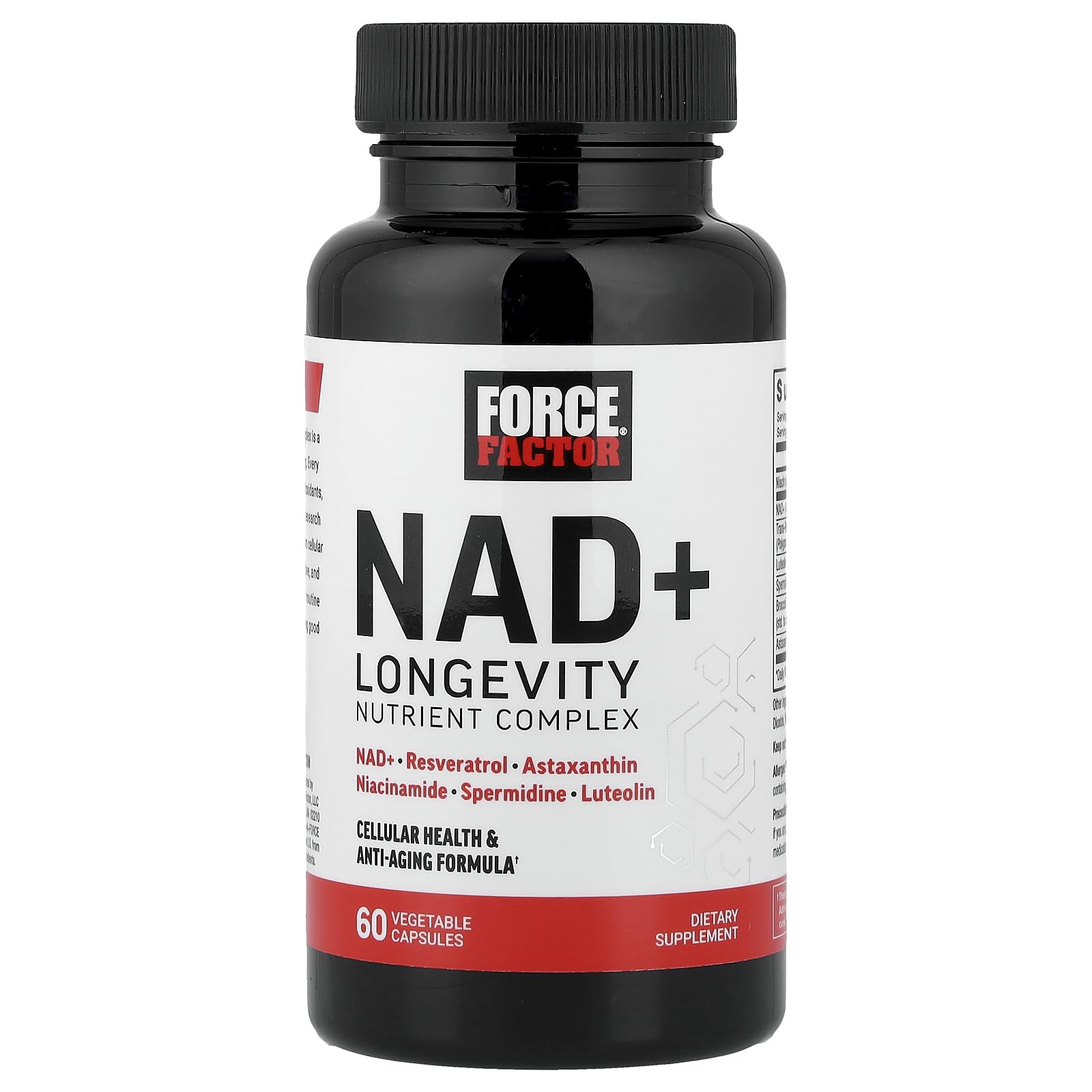 Force Factor NAD+ ingredients panel emphasizing seven-key components.