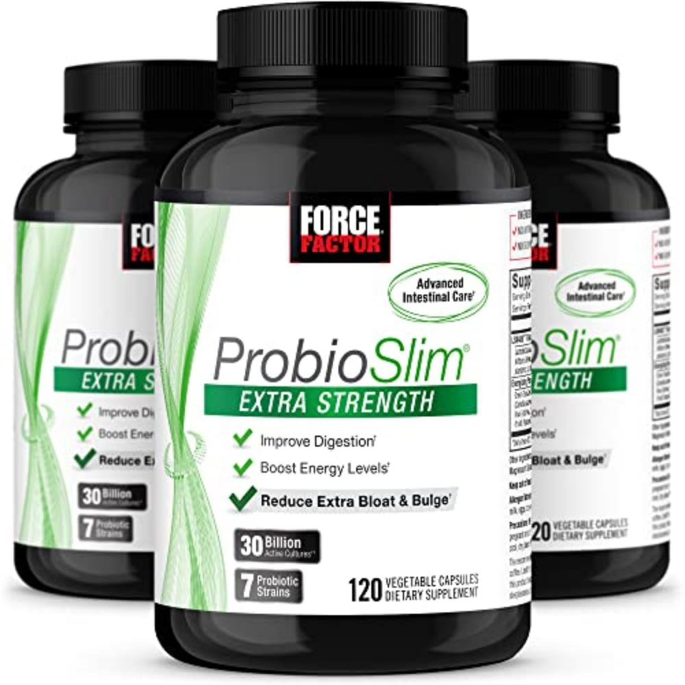 Force Factor ProbioSlim bottle with label highlighting 30B CFUs for digestion.