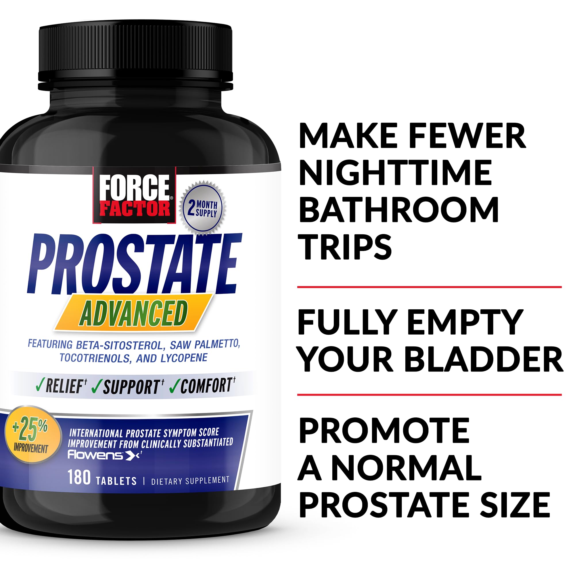 Force Factor Prostate Advanced bottle side view with easy-to-swallow capsules