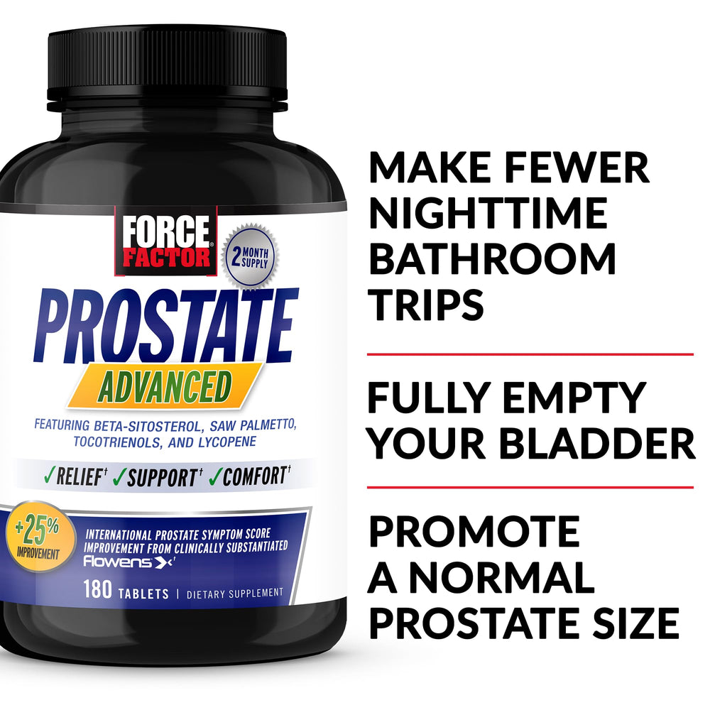 Force Factor Prostate Advanced bottle side view with easy-to-swallow capsules