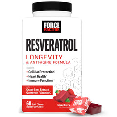 Force Factor Resveratrol bottle with soft chews on desk suggesting daily vitality support