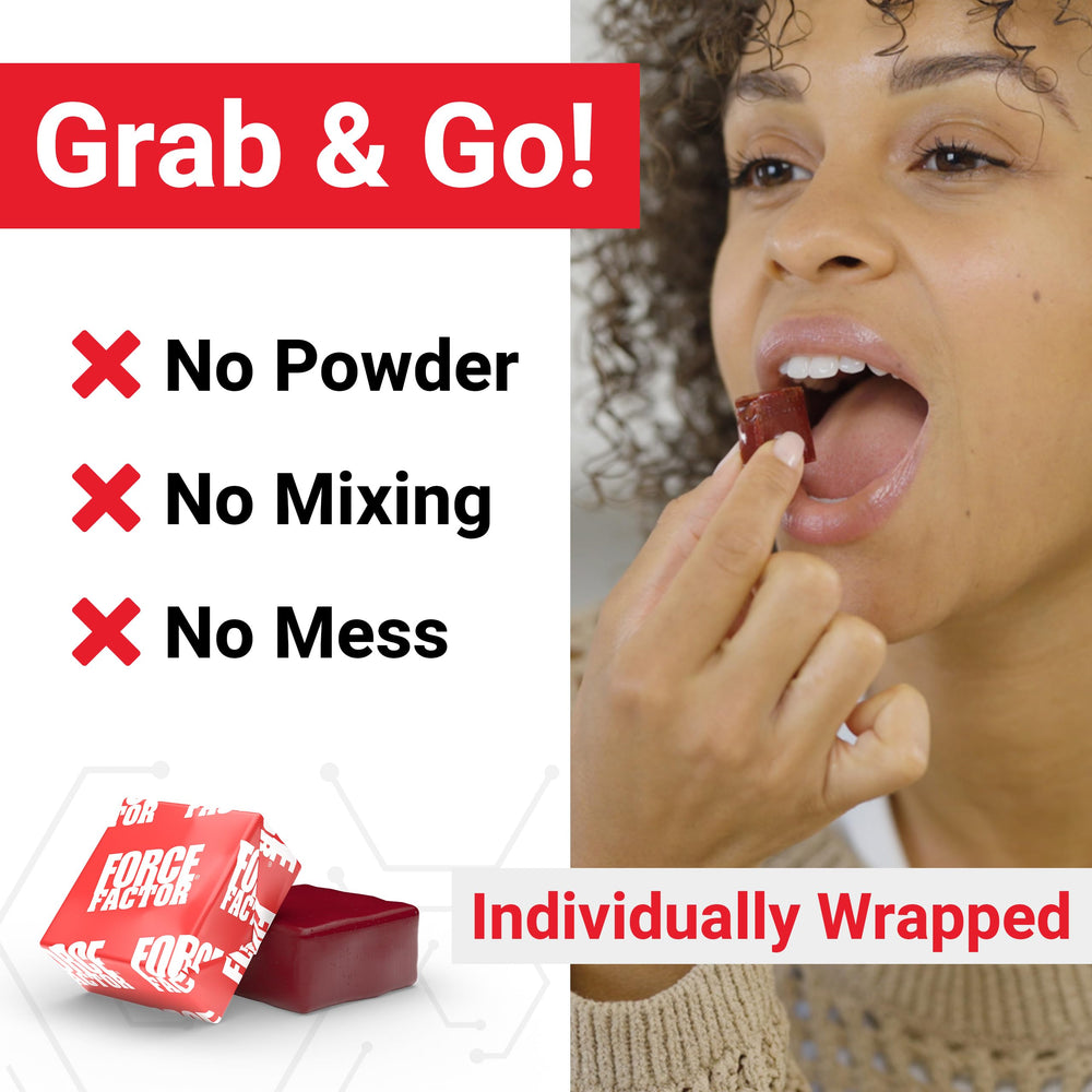 Force Factor Resveratrol soft chews in hand suggest daily take-anywhere routine