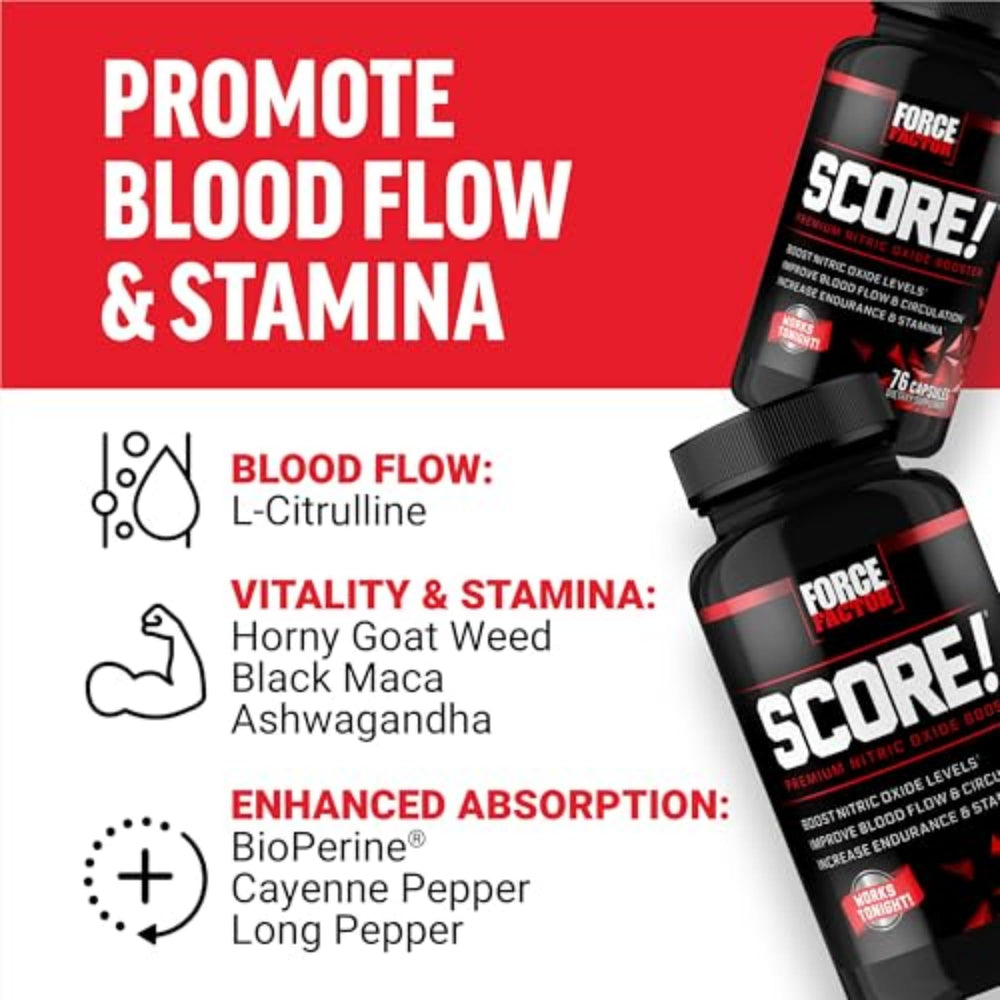 Force Factor SCORE! capsules close-up emphasizing endurance-support ingredients.