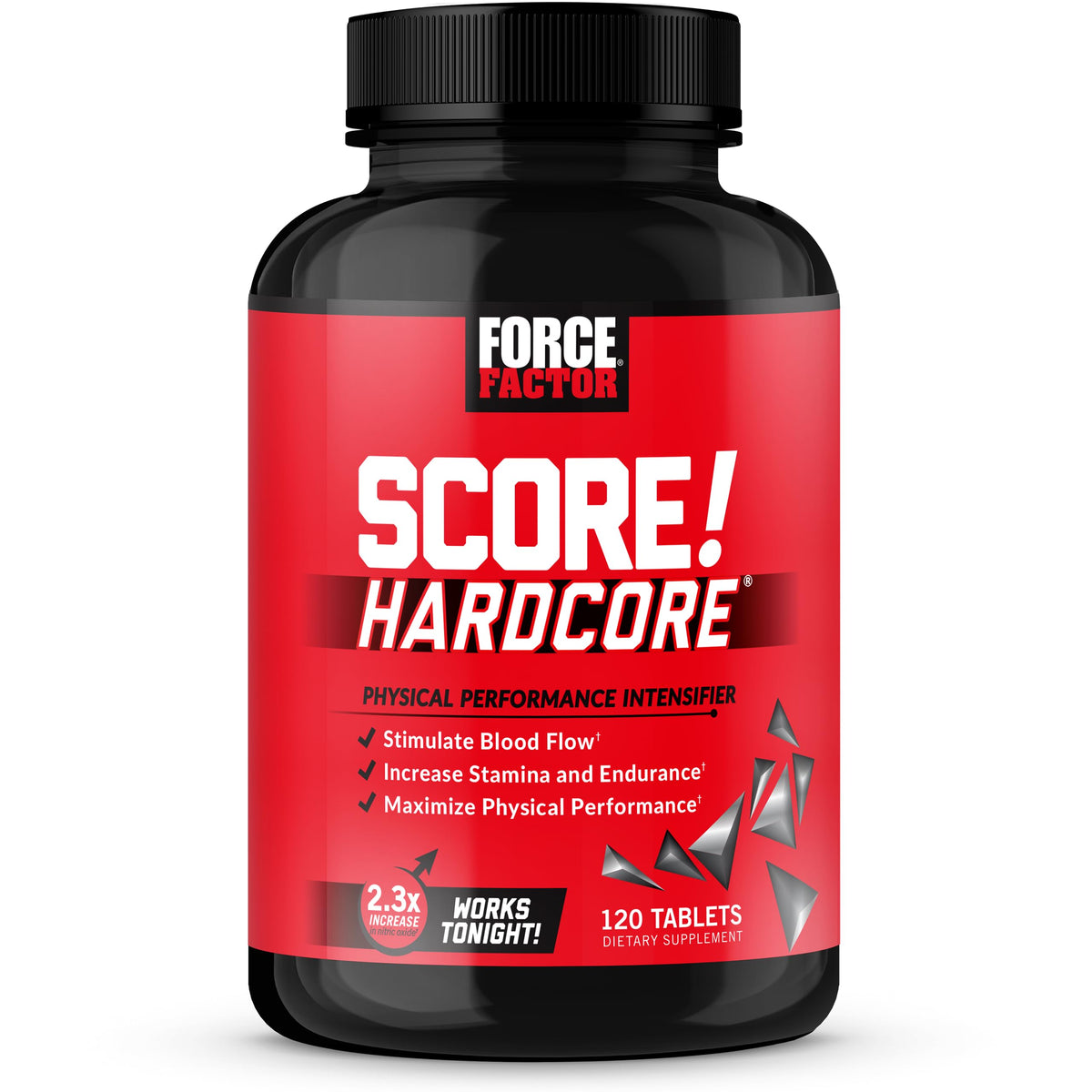 Force Factor SCORE! Hardcore bottle front for on-the-go nitric oxide support during workouts.
