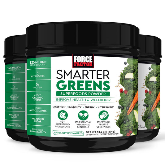 Force Factor Smarter Greens bottle being poured for a quick daily energy boost.