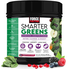 Force Factor Smarter Greens bottle on a kitchen counter, supporting daily nutrition and wellness.