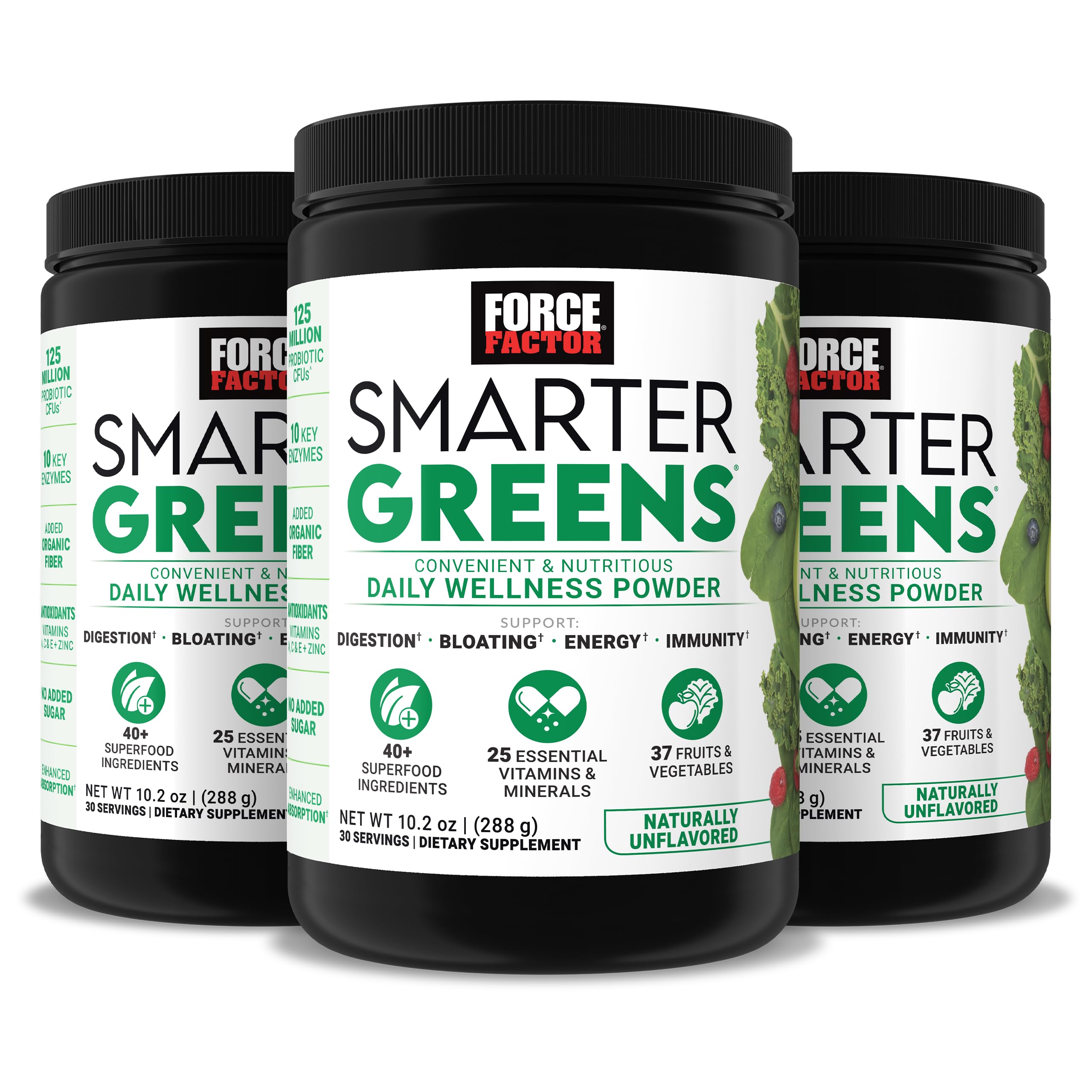 Force Factor Smarter Greens jar front shows packaging for easy daily wellness support.