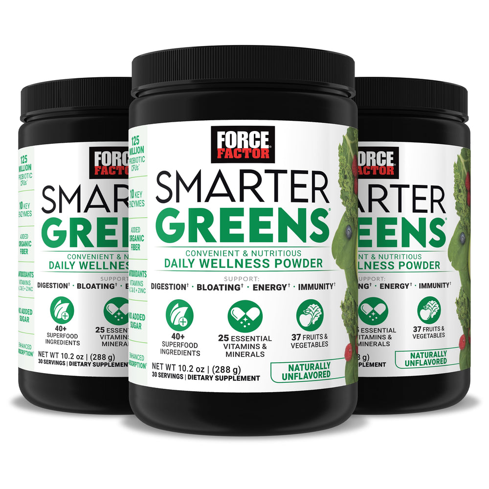 Force Factor Smarter Greens jar front shows packaging for easy daily wellness support.