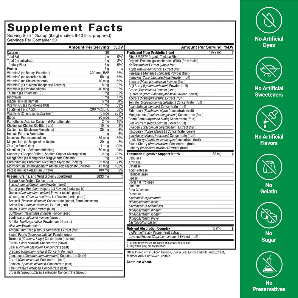 Force Factor Smarter Greens enhanced-absorption complex aims for better nutrient uptake.