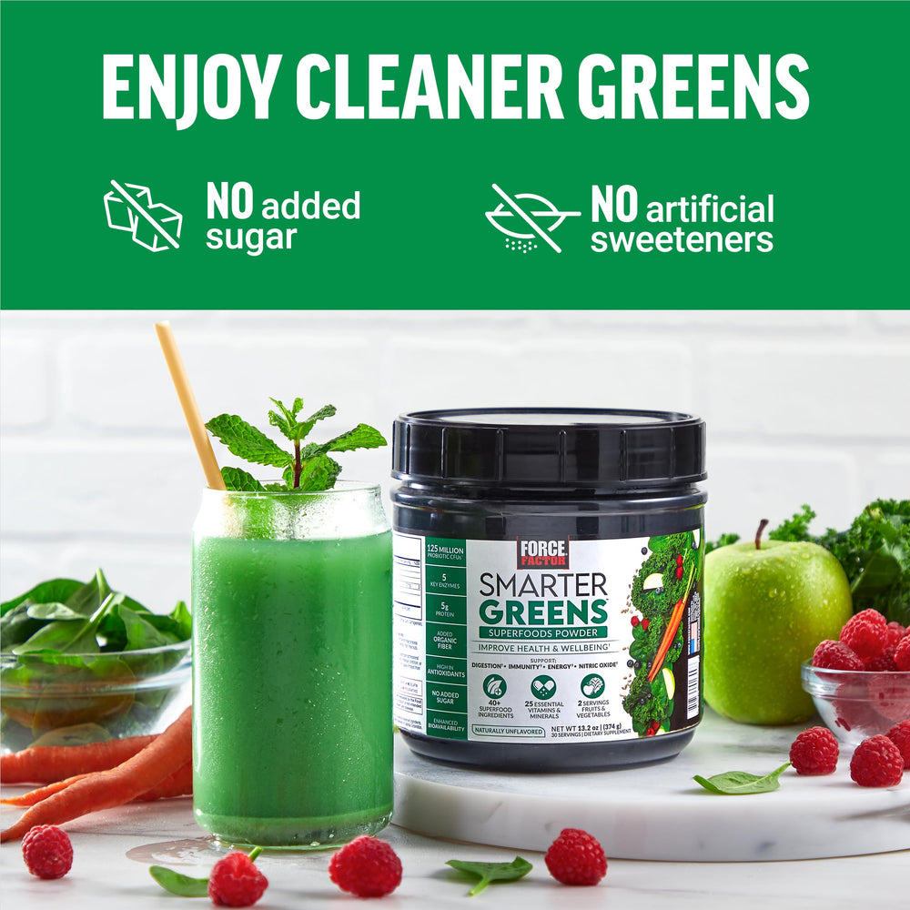 Force Factor Smarter Greens ingredients panel signaling antioxidant-rich nutrition.