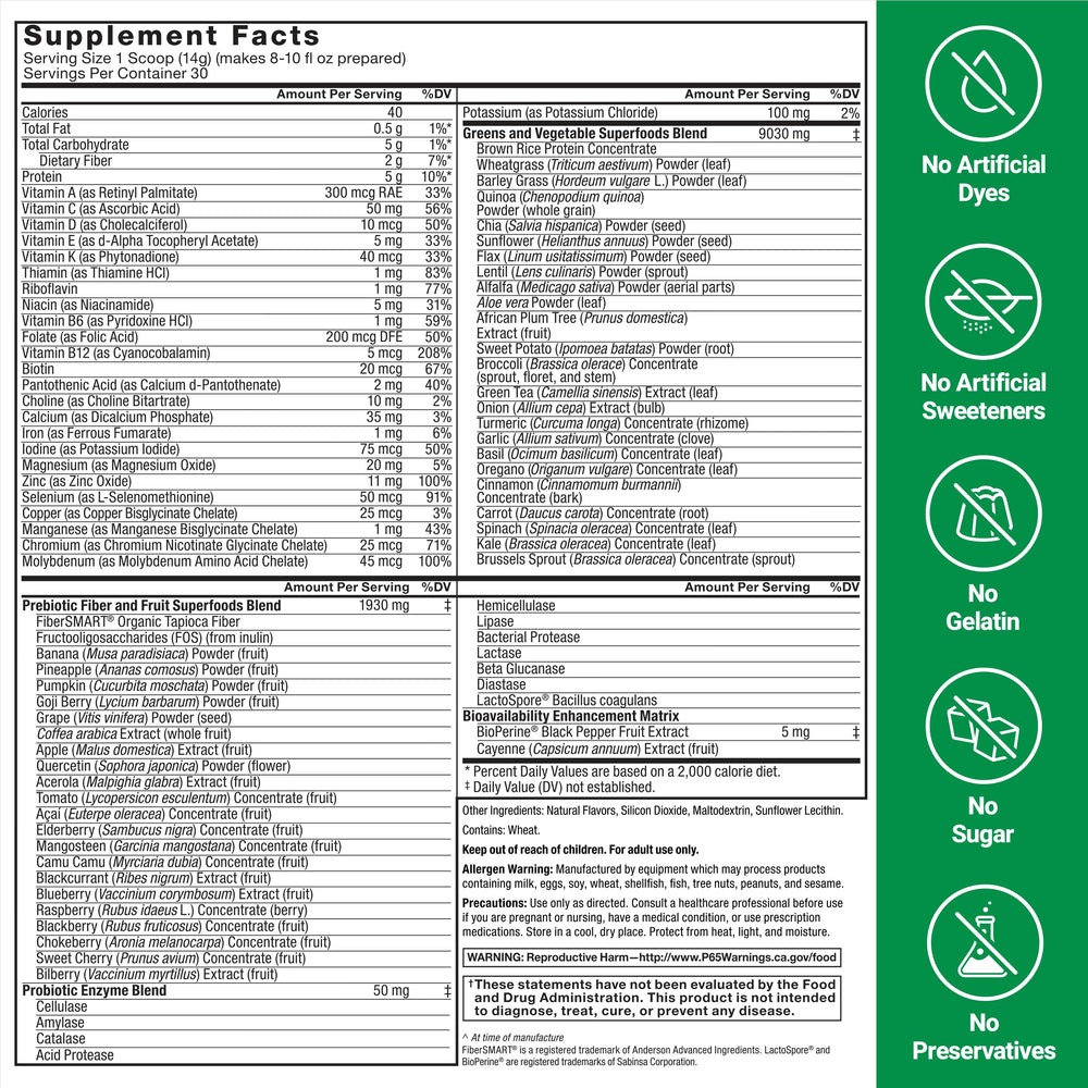 Force Factor Smarter Greens label showing enzymes and probiotics for digestion.