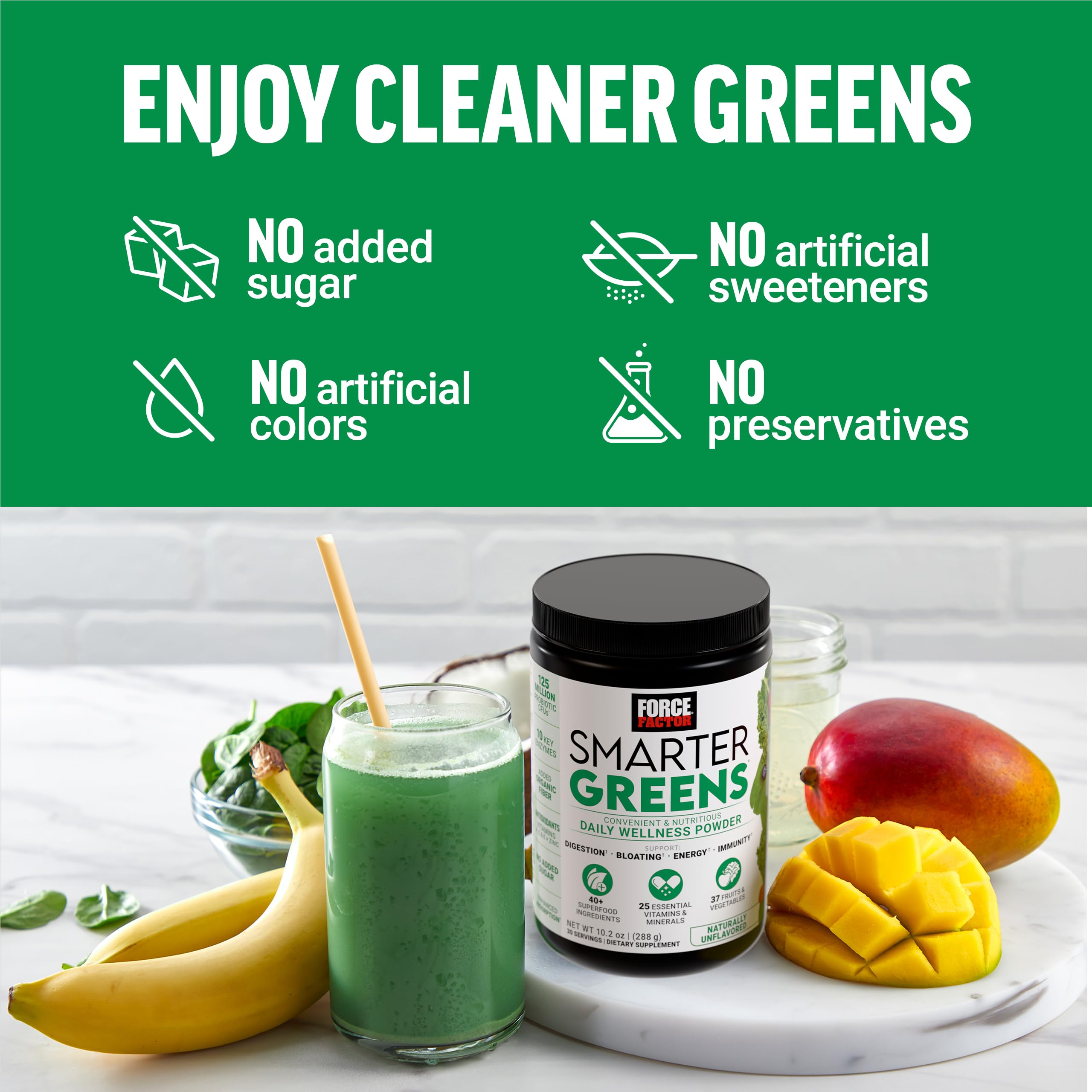 Force Factor Smarter Greens no sugar label emphasizes clean, versatile nutrition.