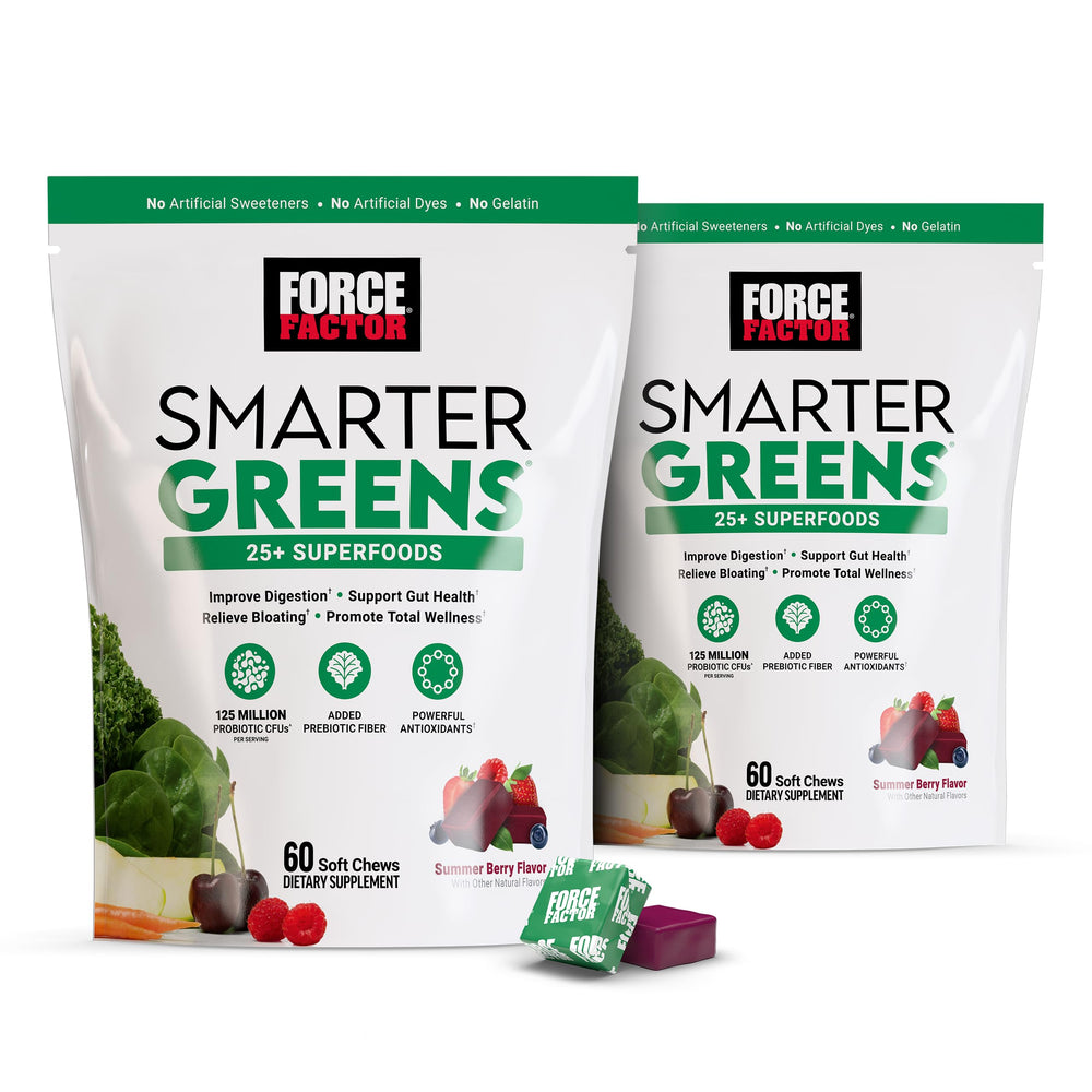 Force Factor Smarter Greens soft chews bottle shows convenient on-the-go nutrition.