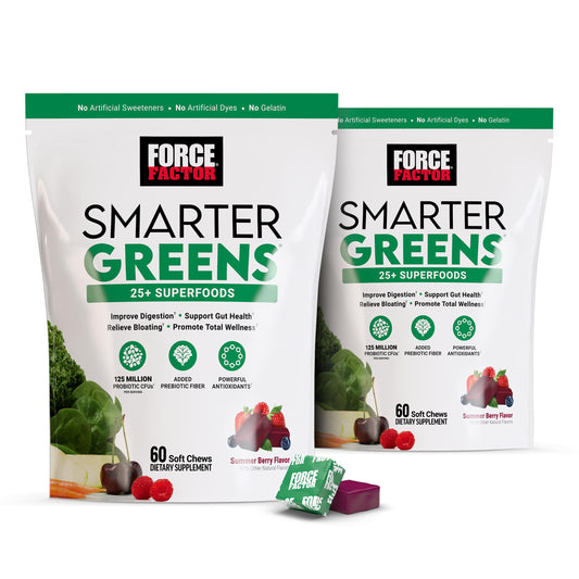 Force Factor Smarter Greens soft chews bottle shows convenient on-the-go nutrition.
