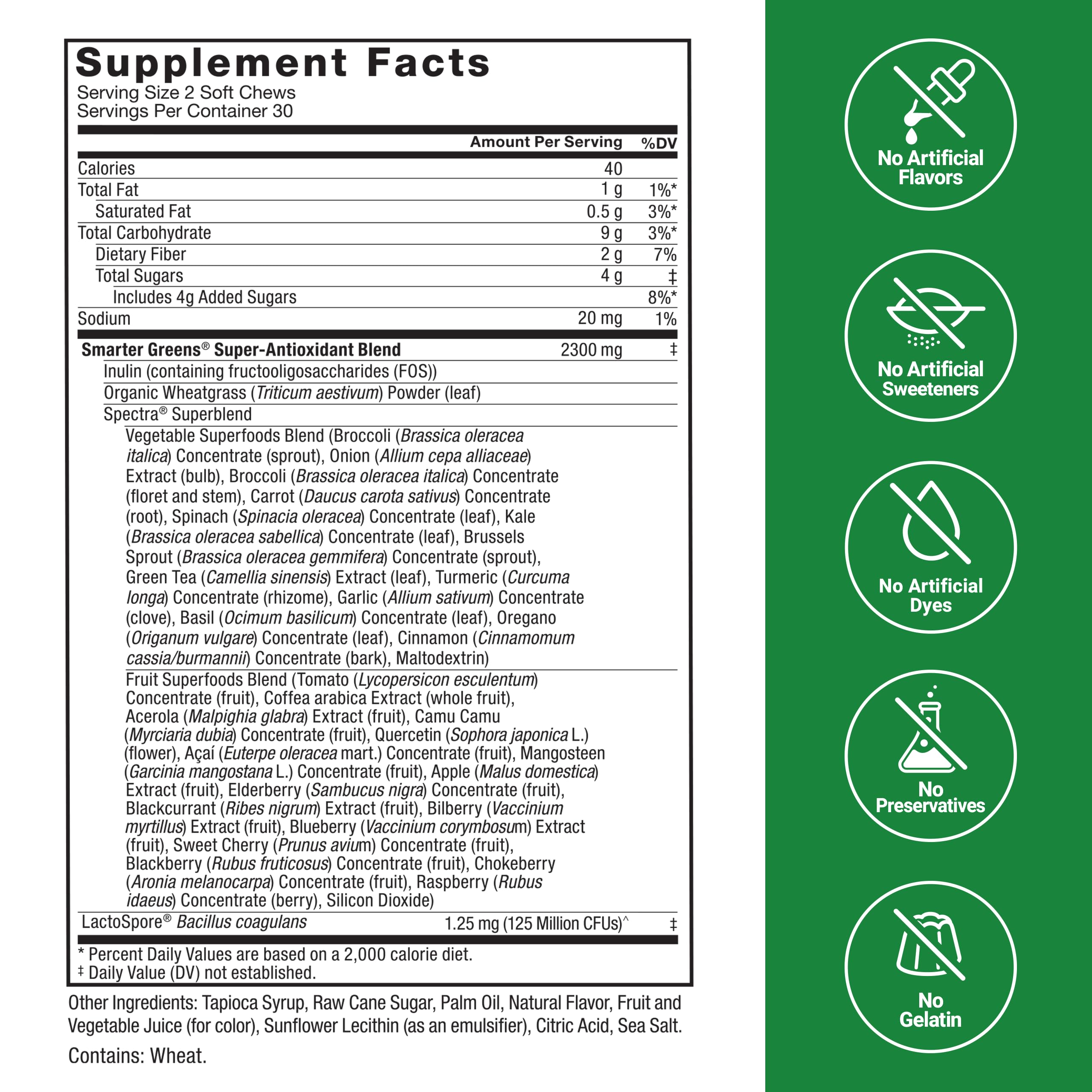 Probiotics and prebiotic fiber support digestion in Smarter Greens chews.