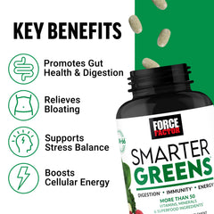 Force Factor Smarter Greens bottle-back nutrition label highlights 25+ superfoods and antioxidants.