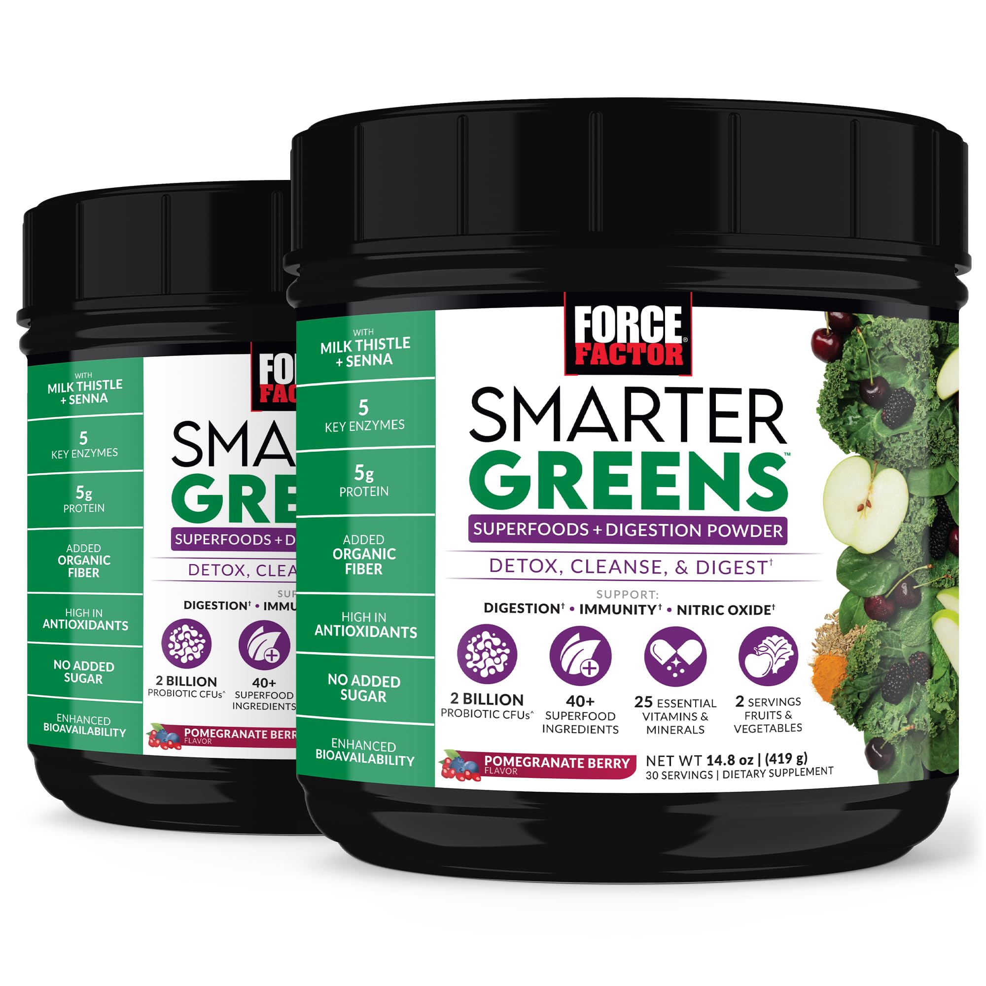 Force Factor Smarter Greens tub front highlighting 40+ superfoods for daily nutrition