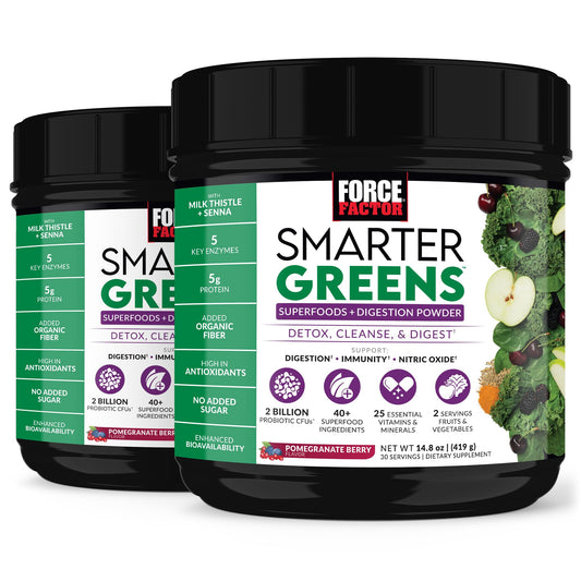 Force Factor Smarter Greens tub front highlighting 40+ superfoods for daily nutrition