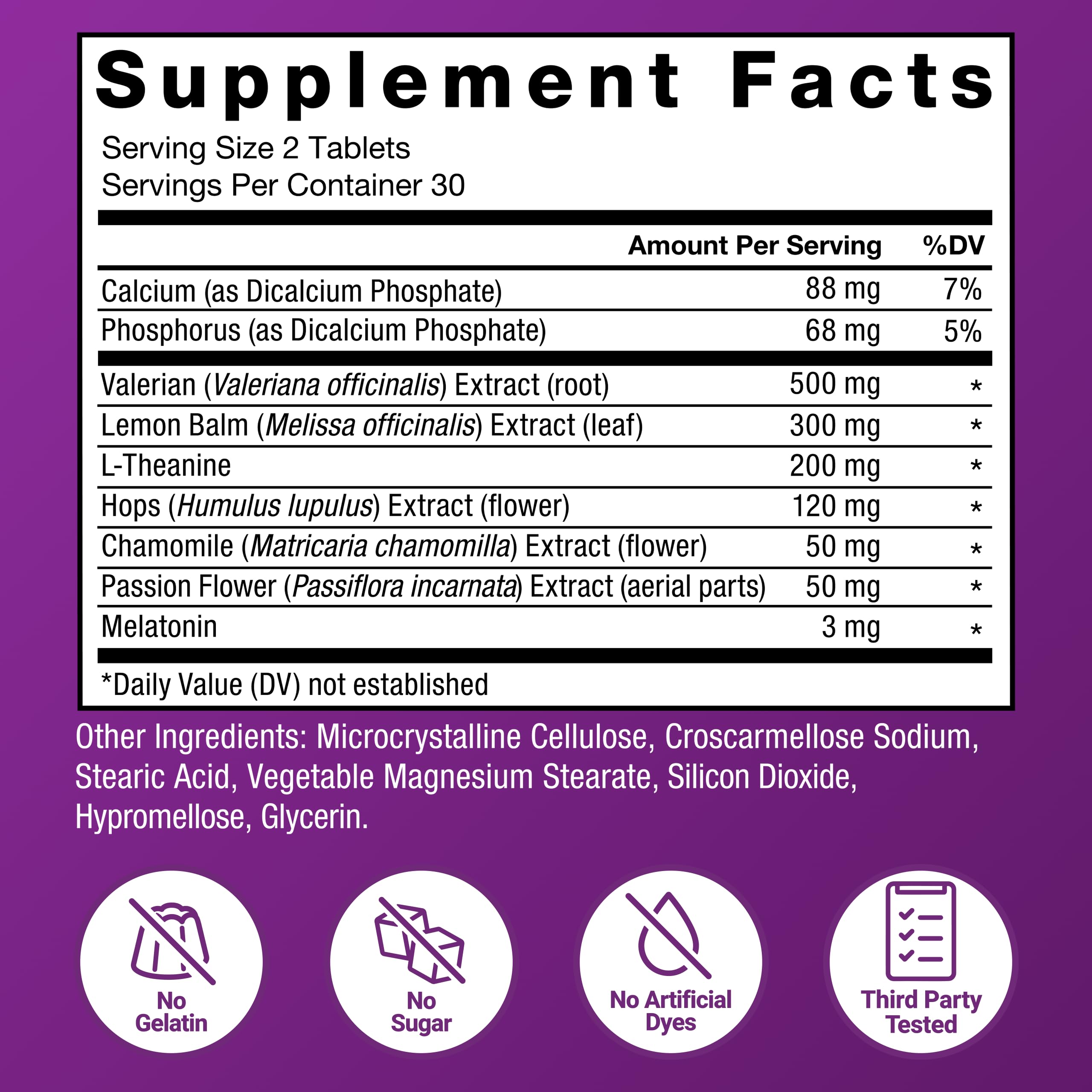 Somnapure ingredients chart showcasing melatonin, valerian, lemon balm.