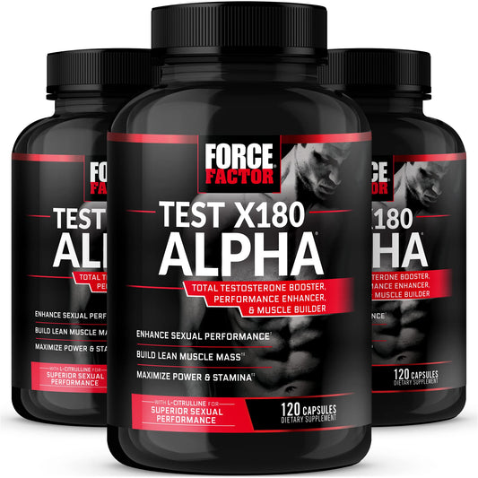 Force Factor Test X180 Alpha bottle on gym counter for everyday workout support.