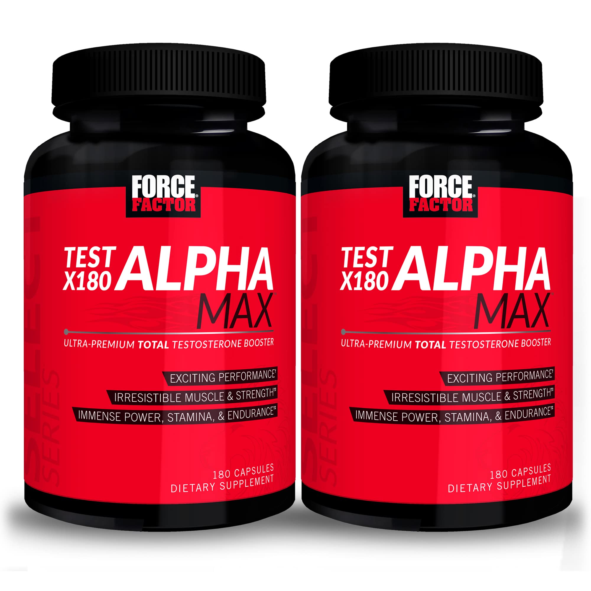 Force Factor Test X180 Alpha Max bottle front with 360 capsules for testosterone support.