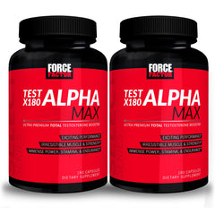 Force Factor Test X180 Alpha Max bottle front with 360 capsules for testosterone support.