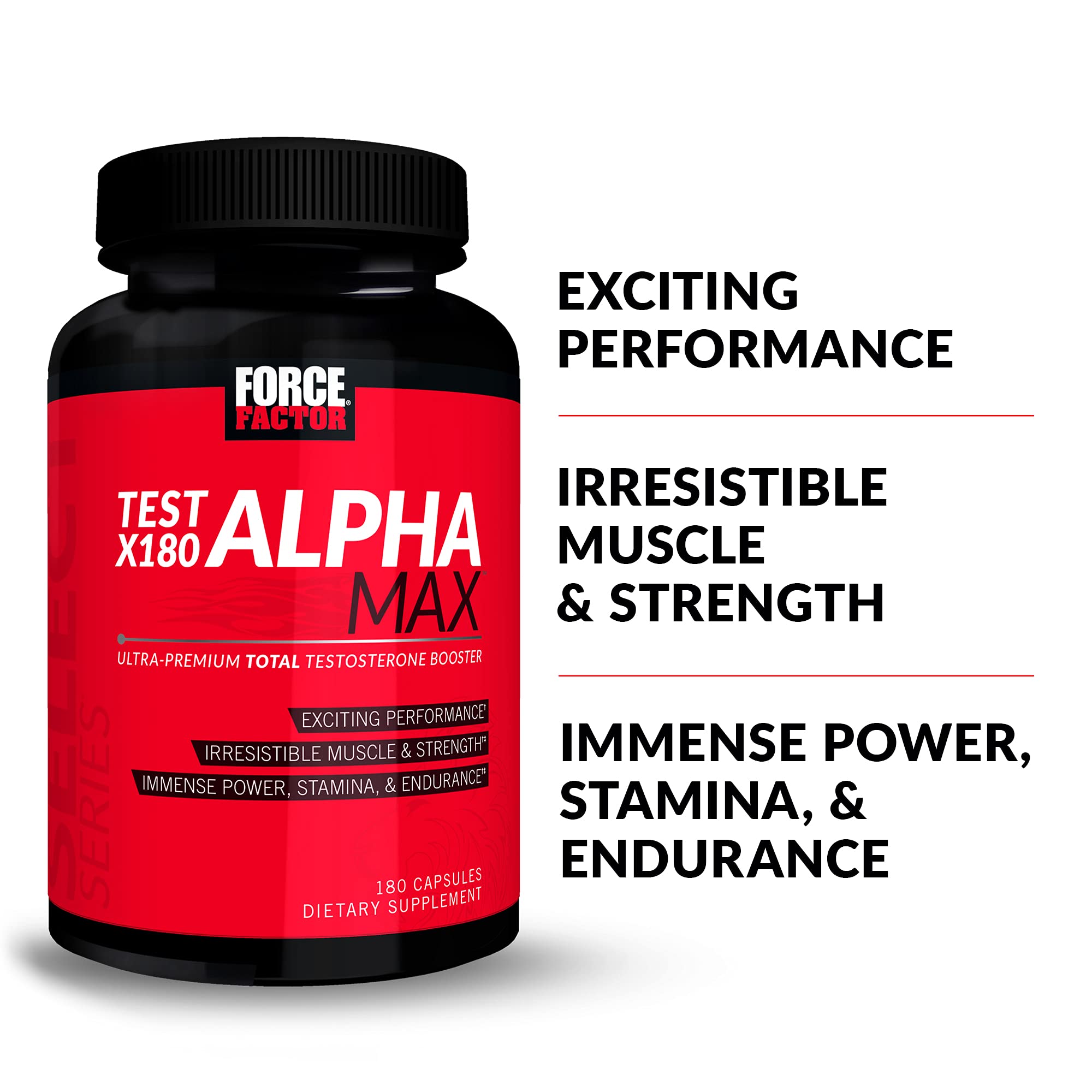 Force Factor Test X180 Alpha Max bottle label closeup showing fenugreek and tribulus.