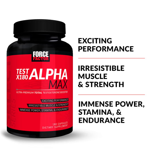 Force Factor Test X180 Alpha Max bottle label closeup showing fenugreek and tribulus.