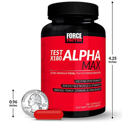 Force Factor Test X180 Alpha Max graphic highlights testosterone and nitric oxide support.