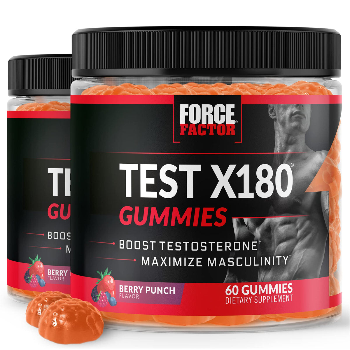 Force Factor Test X180 bottle on shelf showcasing berry punch gummies for daily vitality.