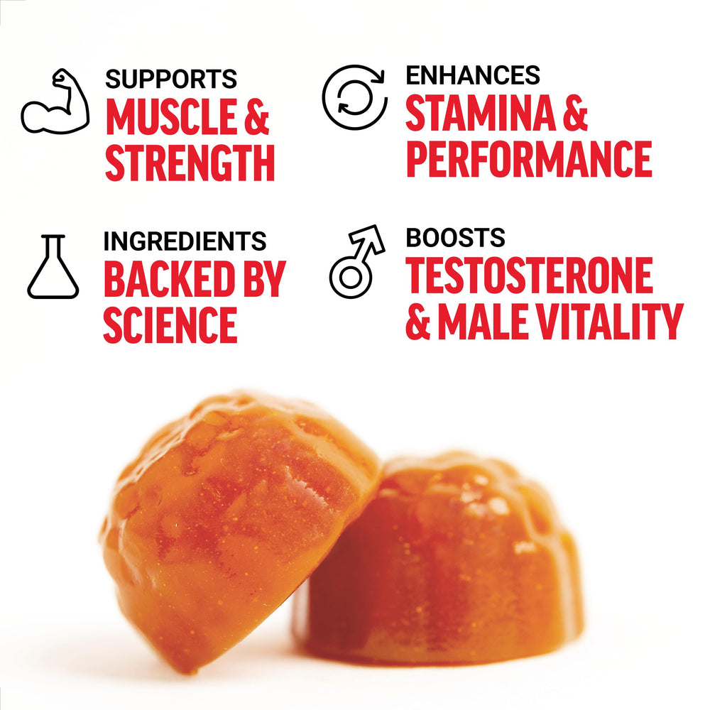 Force Factor Test X180 gummies berry punch close-up highlighting tasty, convenient masculine nourishment.