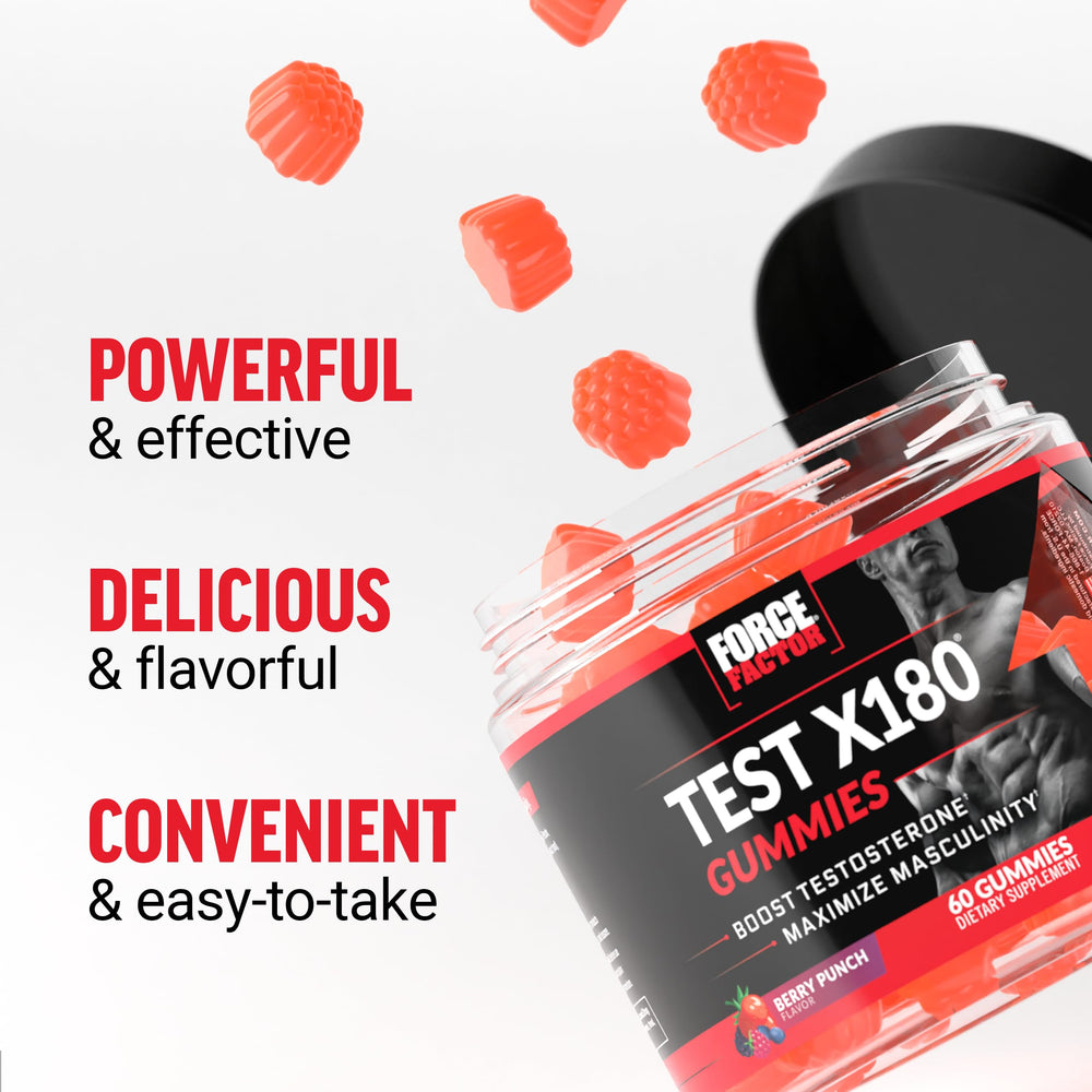 Force Factor Test X180 gummies close-up highlighting texture and vibrant berry flavor.