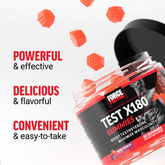 Force Factor Test X180 gummies close-up highlighting texture and vibrant berry flavor.