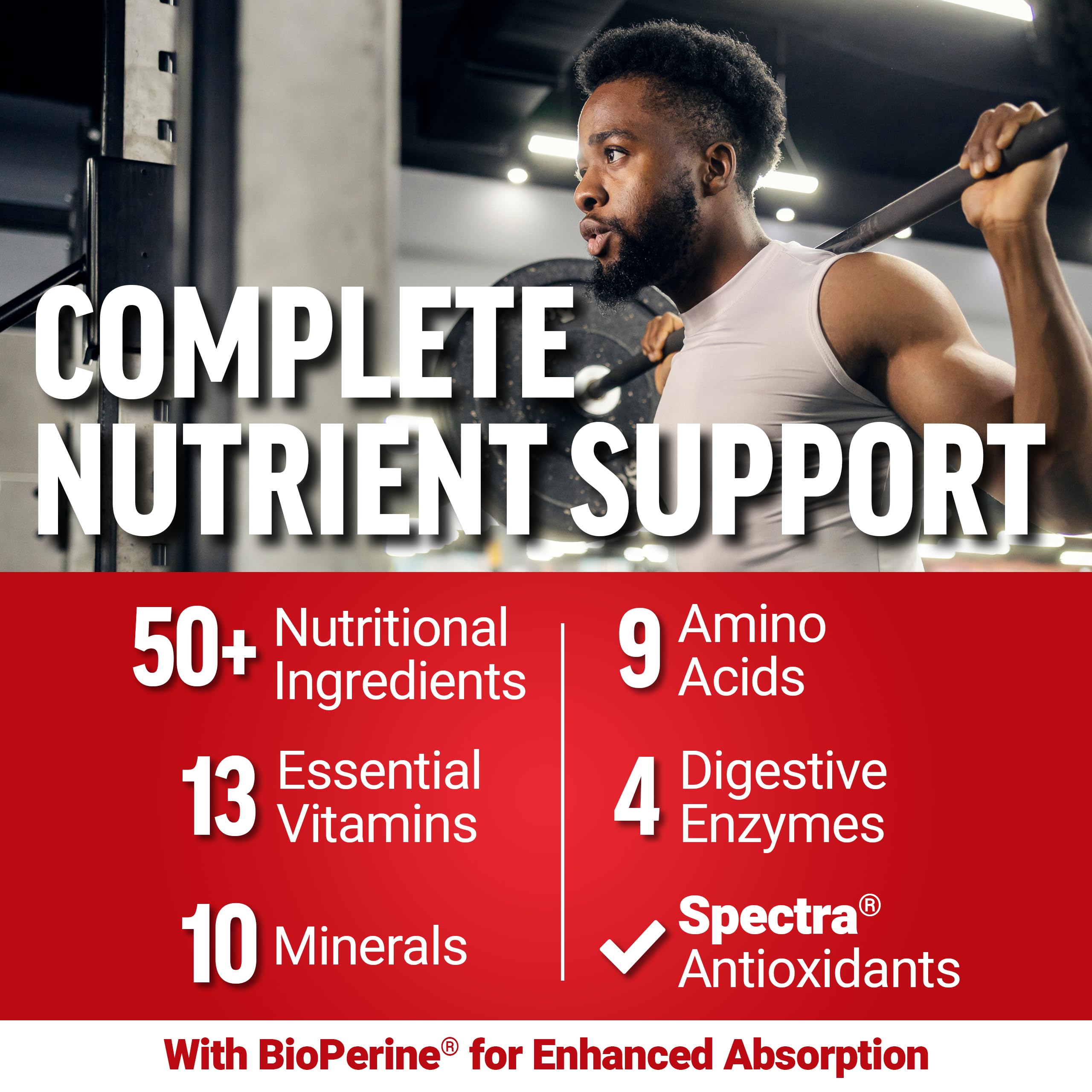 Label highlights 50+ ingredients and 13 essential vitamins.