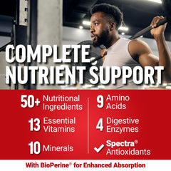 Label highlights 50+ ingredients and 13 essential vitamins.