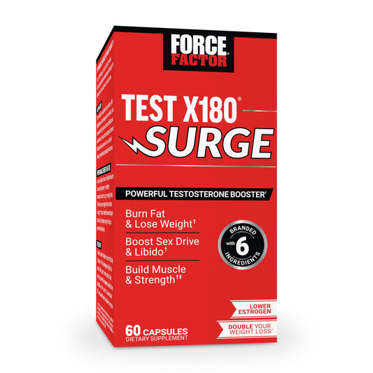 Force Factor Test X180 Surge bottle front shows premium vitality theme.