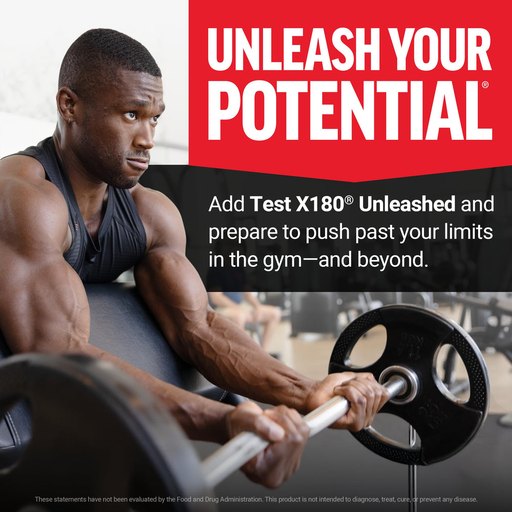 Force Factor Test X180 Unleashed dumbbell workout scene illustrates strength training.