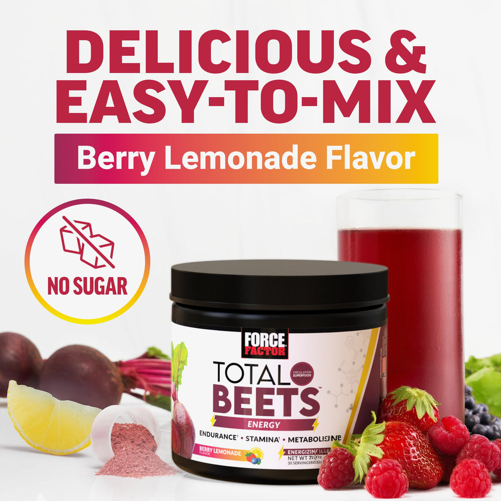 Force Factor Total Beets Energy Powder 2-pack display for convenient daily use.