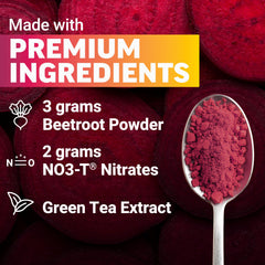 Force Factor Total Beets Energy Powder dissolved in water highlighting pomegranate berry flavor.