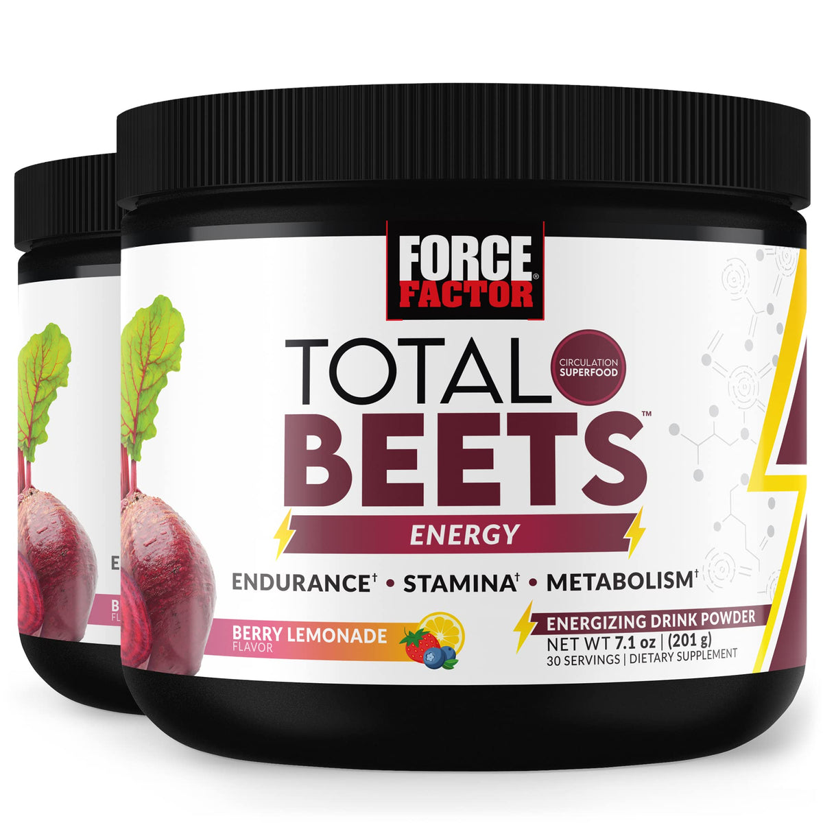 Force Factor Total Beets Energy Powder tub front shows 60 servings ready to energize your day.