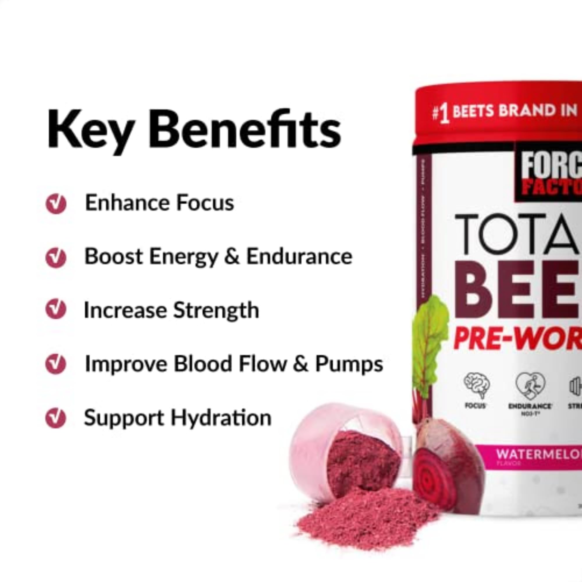 Scoop of Force Factor Total Beets powder measured for a workout drink to support pumps