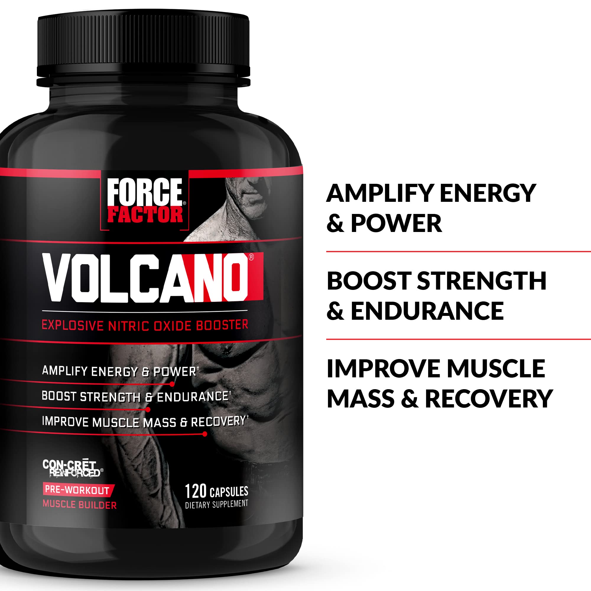Close-up of Force Factor Volcano bottle highlighting premium formula.