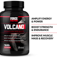Close-up of Force Factor Volcano bottle highlighting premium formula.
